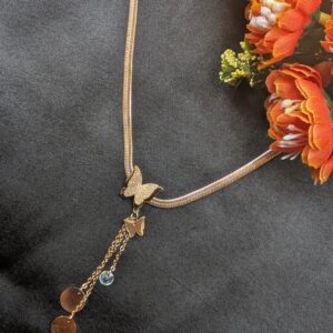 Anoira Anti-Tarnish Rose Gold Butterfly Lariat Necklace for Women | Dainty Double-Chain Choker with Coin Charms | Non-Tarnish Minimalist Everyday Jewelry
